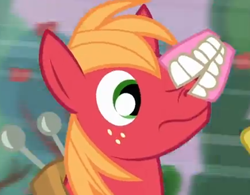 Size: 436x340 | Tagged: safe, imported from derpibooru, screencap, big macintosh, earth pony, pony, apple family reunion, cropped, false teeth, male, solo, stallion