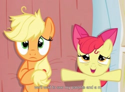 Size: 939x692 | Tagged: safe, edit, edited screencap, imported from derpibooru, screencap, apple bloom, applejack, earth pony, pony, apple family reunion, bed, caption, female, filly, mare, on back, out of context, pillow, youtube caption