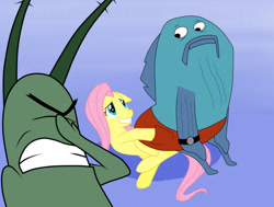 Size: 1077x816 | Tagged: safe, artist:flint2m90, imported from derpibooru, fluttershy, assertive, crossover, insertive, plankton, sheldon j. plankton, spongebob squarepants, walking small