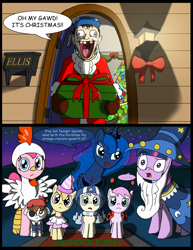 Size: 2552x3312 | Tagged: safe, artist:blood-asp0123, imported from derpibooru, alula, noi, pinkie pie, pipsqueak, piña colada, pluto, princess luna, twilight sparkle, alicorn, human, pony, animal costume, chicken pie, chicken suit, christmas tree, clothes, comic, costume, crossover, ellis, left 4 dead 2, nightmare night, piña cutelada, present, tree