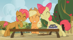 Size: 851x466 | Tagged: safe, imported from derpibooru, screencap, apple bloom, applejack, babs seed, apple family reunion, grin, perspective