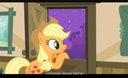 Size: 1680x1028 | Tagged: safe, imported from derpibooru, screencap, applejack, apple family reunion, batman, youtube caption