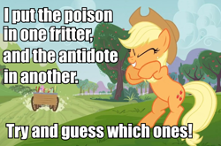 Size: 714x470 | Tagged: safe, imported from derpibooru, applejack, apple family reunion, apple fritter (food), poison