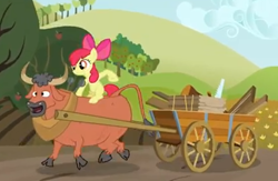 Size: 412x268 | Tagged: safe, imported from derpibooru, screencap, apple bloom, bull, earth pony, pony, apple family reunion, cart, cloven hooves, duo, female, filly, ponies riding bulls, riding