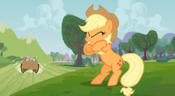 Size: 852x470 | Tagged: safe, imported from derpibooru, screencap, applejack, apple family reunion, bipedal, evil grin, grinding, laughing, pure unfiltered evil