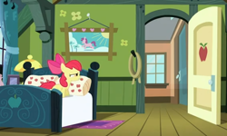 Size: 568x340 | Tagged: safe, imported from derpibooru, screencap, apple bloom, pony, apple family reunion, bed, door, doorway, female, filly, solo