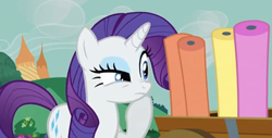 Size: 620x316 | Tagged: safe, imported from derpibooru, screencap, rarity, pony, unicorn, apple family reunion, eyeshadow, female, makeup, mare, nose wrinkle, solo, thinking