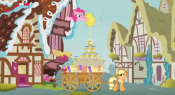 Size: 580x316 | Tagged: safe, imported from derpibooru, screencap, applejack, pinkie pie, bee, earth pony, pony, apple family reunion, beehive, female, food, honey, mare