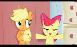 Size: 1680x1028 | Tagged: safe, edit, edited screencap, imported from derpibooru, screencap, apple bloom, applejack, earth pony, pony, apple family reunion, bed, caption, female, filly, lidded eyes, mare, on back, pillow, youtube caption