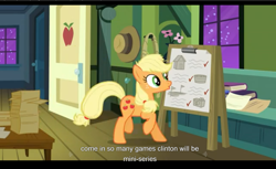 Size: 1680x1028 | Tagged: safe, imported from derpibooru, screencap, applejack, apple family reunion, bill clinton, youtube caption