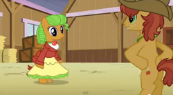 Size: 844x466 | Tagged: safe, imported from derpibooru, screencap, dosie dough, half baked apple, pony, apple family member, bipedal, clothes, cute, dress, standing