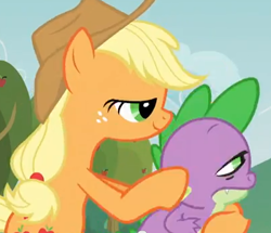 Size: 404x348 | Tagged: safe, imported from derpibooru, screencap, applejack, spike, dragon, earth pony, pony, apple family reunion, animation error, cropped, female, lidded eyes, male, mare, mid-blink screencap