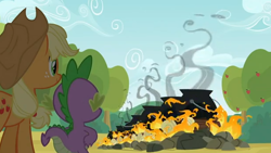 Size: 616x348 | Tagged: safe, imported from derpibooru, screencap, applejack, spike, apple family reunion, fire