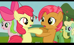 Size: 1680x1028 | Tagged: safe, imported from derpibooru, screencap, apple bloom, apple honey, apple tarty, babs seed, red gala, wensley, pony, apple family reunion, bipedal, youtube caption