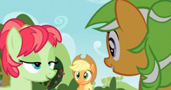 Size: 604x320 | Tagged: safe, imported from derpibooru, screencap, apple dumpling, apple leaves, applejack, apple family reunion, apple family member, lidded eyes, out of context