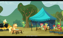 Size: 1680x1028 | Tagged: safe, imported from derpibooru, screencap, apple cinnamon, apple dumpling, apple leaves, applejack, bushel, candy apples, hoss, wensley, apple family reunion, youtube caption