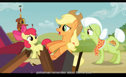 Size: 1680x1028 | Tagged: safe, imported from derpibooru, screencap, apple bloom, applejack, granny smith, apple family reunion, youtube caption