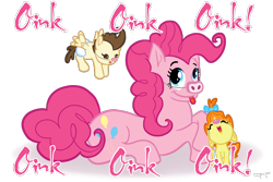 Size: 900x600 | Tagged: safe, artist:thegrumpyturtle, imported from derpibooru, pinkie pie, pound cake, pumpkin cake, pig, baby cakes, animal, clothes, costume, oink oink oink, one word, piggie pie, scene interpretation, simple background, transparent background