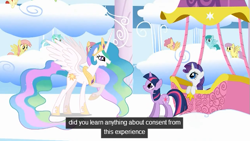 Size: 637x359 | Tagged: safe, imported from derpibooru, screencap, cool star, dewdrop dazzle, dizzy twister, high spirits, lyra heartstrings, orange swirl, parasol, princess celestia, rarity, spring melody, sprinkle medley, starburst (character), twilight sparkle, alicorn, pegasus, pony, unicorn, princess molestia, sonic rainboom (episode), background pony, cute, hot air balloon, implied rape, leaning, lidded eyes, looking up, open mouth, raised hoof, size difference, smiling, spread wings, text, twinkling balloon, unicorn twilight, wings, youtube caption