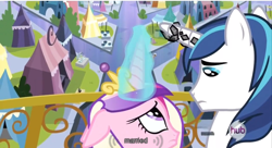 Size: 640x347 | Tagged: safe, imported from derpibooru, screencap, princess cadance, shining armor, the crystal empire, captain obvious, glowing horn, horn crystals, hub logo, youtube caption