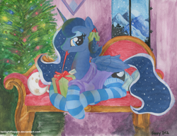 Size: 1528x1177 | Tagged: safe, artist:foxxy-arts, imported from derpibooru, princess luna, pony, christmas tree, clothes, couch, female, holly, present, snow, snowfall, socks, solo, striped socks, sweater, traditional art, tree