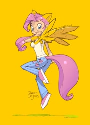 Size: 649x900 | Tagged: safe, artist:banzchan, imported from derpibooru, fluttershy, human, anime, eared humanization, female, humanized, simple background, solo, tailed humanization, winged humanization