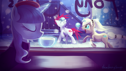 Size: 1920x1080 | Tagged: safe, artist:chimicherrychonga, imported from derpibooru, rarity, oc, beatnik rarity, beret, cafe, clothes, coffee, cutie mark, diner, drink, game shark, hat, magic, snow, snowball, snowball fight, snowfall, space invaders, taito