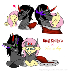 Size: 952x1000 | Tagged: safe, artist:mickeymonster, imported from derpibooru, fluttershy, king sombra, pegasus, pony, unicorn, crack shipping, duo, evil grin, female, grin, kissing, male, mare, shipping, simple background, smiling, sombra eyes, sombrashy, stallion, straight, white background