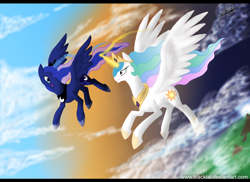 Size: 2338x1700 | Tagged: safe, artist:blacklal, imported from derpibooru, princess celestia, princess luna, flying