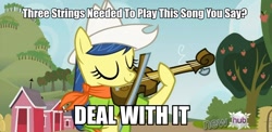 Size: 960x467 | Tagged: safe, edit, edited screencap, imported from derpibooru, screencap, fiddlesticks, earth pony, pony, apple family reunion, apple family member, background pony, eyes closed, female, fiddle, hat, hub logo, image macro, mare, musical instrument, neckerchief, solo, text