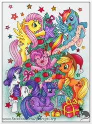 Size: 575x778 | Tagged: safe, artist:yawannka, imported from derpibooru, applejack, fluttershy, pinkie pie, rainbow dash, rarity, twilight sparkle, reindeer, christmas tree, hat, mane six, present, santa hat, tree