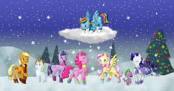 Size: 1024x535 | Tagged: safe, artist:pegasisters82, imported from derpibooru, applejack, fluttershy, pinkie pie, rainbow dash, rarity, spike, twilight sparkle, boots, cape, christmas tree, clothes, mane seven, mane six, scarf, snow, snowfall, snowpony, tree