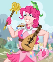 Size: 1200x1405 | Tagged: safe, artist:saber-scorpion, imported from derpibooru, gummy, pinkie pie, bard, bard pie, dungeons and dragons, fantasy class, hilarious in hindsight, humanized, lute, mace, musical instrument