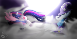 Size: 5900x3000 | Tagged: safe, artist:bronyontheway, imported from derpibooru, trixie, twilight sparkle, absurd resolution, duo, fog, glowing eyes, magic, moon
