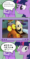 Size: 556x1088 | Tagged: safe, imported from derpibooru, twilight sparkle, pony, cartuneslover16, exploitable meme, implied cartuneslover16, meme, ogo, robot and monster, robotic pauly shore, scrap the robot, tv meme, twilight snapple, why, wingdings
