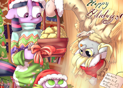 Size: 1400x1000 | Tagged: safe, artist:siden, imported from derpibooru, derpy hooves, spike, twilight sparkle, anthro, christmas, competition:derpibooru 2012, muffin