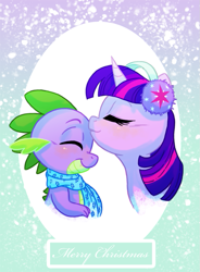 Size: 695x946 | Tagged: safe, artist:c-puff, imported from derpibooru, spike, twilight sparkle, dragon, pony, unicorn, bust, clothes, cute, duo, earmuffs, eyes closed, female, forehead kiss, kissing, mama twilight, mare, platonic kiss, portrait, profile, scarf, snow, snowfall, spikabetes, spikelove, twiabetes, unicorn twilight, winter