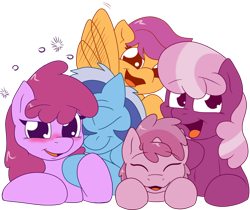 Size: 1280x1077 | Tagged: safe, artist:skoon, imported from derpibooru, berry punch, berryshine, cheerilee, minuette, ruby pinch, scootaloo, earth pony, pegasus, pony, unicorn, ask berry punch, oh dat cheerilee, simple background, transparent background