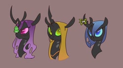 Size: 1280x711 | Tagged: safe, artist:carnifex, imported from derpibooru, oc, oc only, oc:ambrosia, oc:miasma, oc:myxine, changeling, changeling queen, air freshener, blue changeling, brown background, bust, changeling oc, changeling queen oc, christmas, christmas changeling, cute, female, little tree air freshener, mistletoe, ocbetes, portrait, purple changeling, simple background, yellow changeling