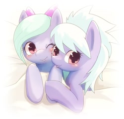 Size: 1000x954 | Tagged: safe, artist:apricolor, imported from derpibooru, cloudchaser, flitter, pegasus, pony, bed, blanket, blushing, bow, cheek squish, cute, cutechaser, duo, duo female, female, flitterbetes, hair bow, holding hooves, looking at you, mare, one eye closed, pixiv, squishy cheeks