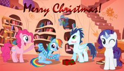 Size: 1179x677 | Tagged: safe, artist:thunderelemental, imported from derpibooru, pinkie pie, rainbow dash, rarity, soarin', christmas, clothes, female, hearth's warming eve, male, mistletoe, present, scarf, shipper on deck, shipping, soarindash, straight