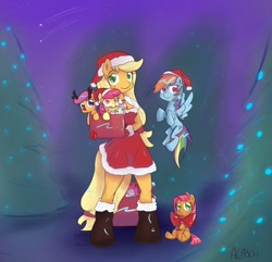 Size: 1200x1155 | Tagged: safe, artist:alasou, imported from derpibooru, apple bloom, applejack, babs seed, pinkie pie, rainbow dash, scootaloo, sweetie belle, anthro, reindeer, bow, box, candy, candy cane, christmas, clothes, costume, cutie mark crusaders, food, hat, holiday, santa claus, santa costume, santa hat