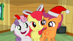 Size: 1920x1080 | Tagged: safe, artist:fluteretti, imported from derpibooru, apple bloom, scootaloo, sweetie belle, earth pony, pegasus, pony, unicorn, cutie mark crusaders, floppy ears, hat, horn, horn cap, horn hat, santa hat, trio