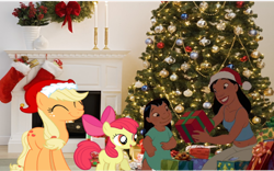 Size: 900x563 | Tagged: safe, artist:brion24, imported from derpibooru, apple bloom, applejack, pony, christmas, christmas tree, crossover, hearth's warming eve, irl, lilo and stitch, mele kalikimaka, photo, ponies in real life, tree, vector