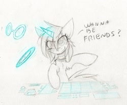 Size: 986x811 | Tagged: safe, artist:the--cloudsmasher, imported from derpibooru, dj pon-3, vinyl scratch, pony, unicorn, female, glasses, looking at you, magic, record, sketch, smiling, solo, traditional art, turntable