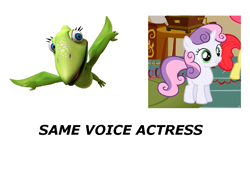 Size: 913x694 | Tagged: safe, imported from derpibooru, sweetie belle, pony, unicorn, claire corlett, dinosaur train, exploitable meme, meme, same voice actor, tiny pteranodon