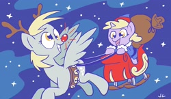 Size: 3800x2200 | Tagged: safe, artist:docwario, imported from derpibooru, derpy hooves, dinky hooves, pegasus, pony, reindeer, christmas, equestria's best mother, female, mare, sleigh, snow, snowfall