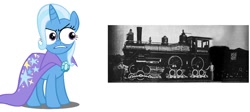 Size: 1064x477 | Tagged: safe, imported from derpibooru, trixie, pony, unicorn, don't trust wheels, female, locomotive, mare, photo, special eyes, steam locomotive, train, wheel