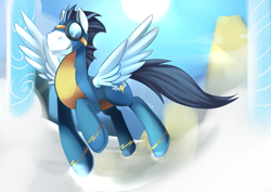 Size: 1024x724 | Tagged: safe, artist:ende26, imported from derpibooru, soarin', pony, goggles, male, solo, wonderbolts uniform