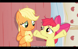 Size: 1024x640 | Tagged: safe, edit, edited screencap, imported from derpibooru, screencap, apple bloom, applejack, earth pony, pony, apple family reunion, bed, caption, female, filly, mare, on back, pillow, youtube caption